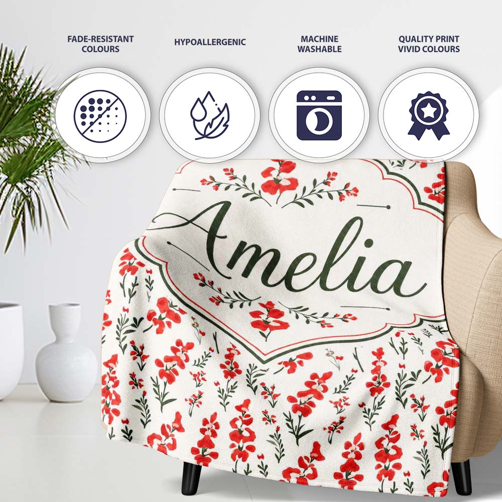 Minimal Red Floral Sprigs on Light Neutral Background Seamless  Personalised Custom Name Super Soft Fleece Blanket Bed Sofa Throw