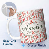 Personalized Custom Name Minimal Red Floral Sprigs on Light Neutral Background Seamless 11oz Ceramic Coffee Tea Mug White Large Handle