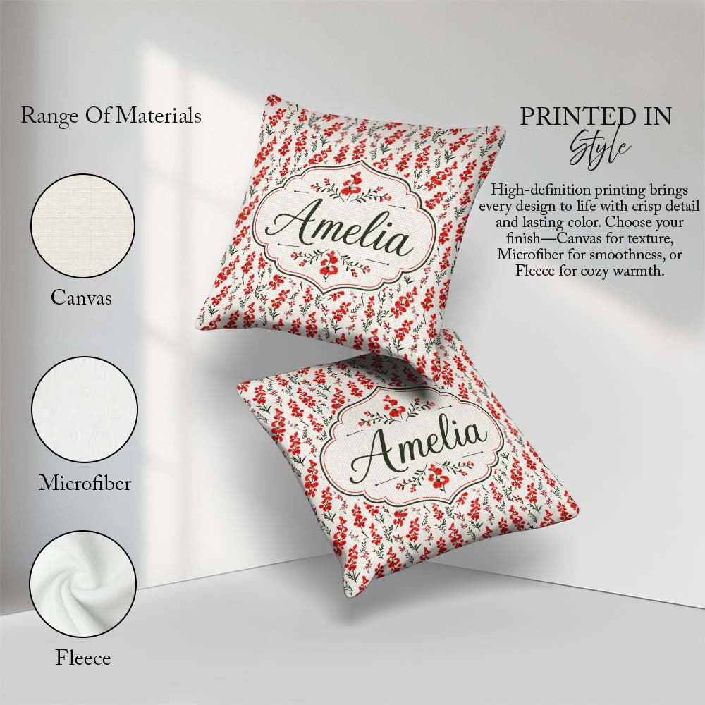 Custom Name Minimal Red Floral Sprigs on Light Neutral Seamless Square Filled Cushion Throw Pillow Sofa Bed Home Decor Zip Washable UK Made