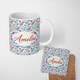 Personalized Custom Name Elegant Blue Floral Vines with Red Accents Seamless Pattern Name 11oz Ceramic Coffee Tea Mug White Large Handle