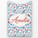 Elegant Blue Floral Vines with Red Accents Seamless Pattern Name  Personalised Custom Name Super Soft Fleece Blanket Bed Sofa Throw
