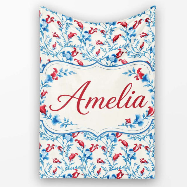 Elegant Blue Floral Vines with Red Accents Seamless Pattern Name  Personalised Custom Name Super Soft Fleece Blanket Bed Sofa Throw
