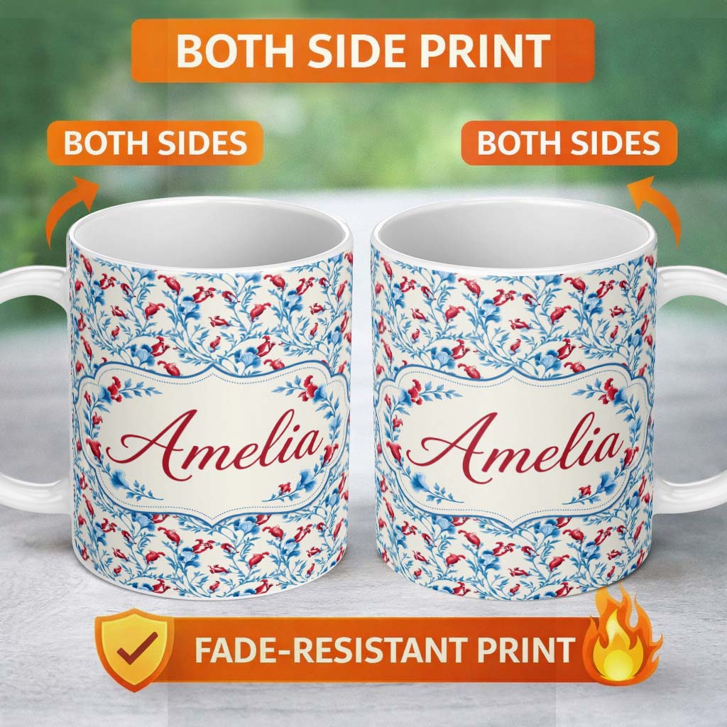 Personalized Custom Name Elegant Blue Floral Vines with Red Accents Seamless Pattern Name 11oz Ceramic Coffee Tea Mug White Large Handle