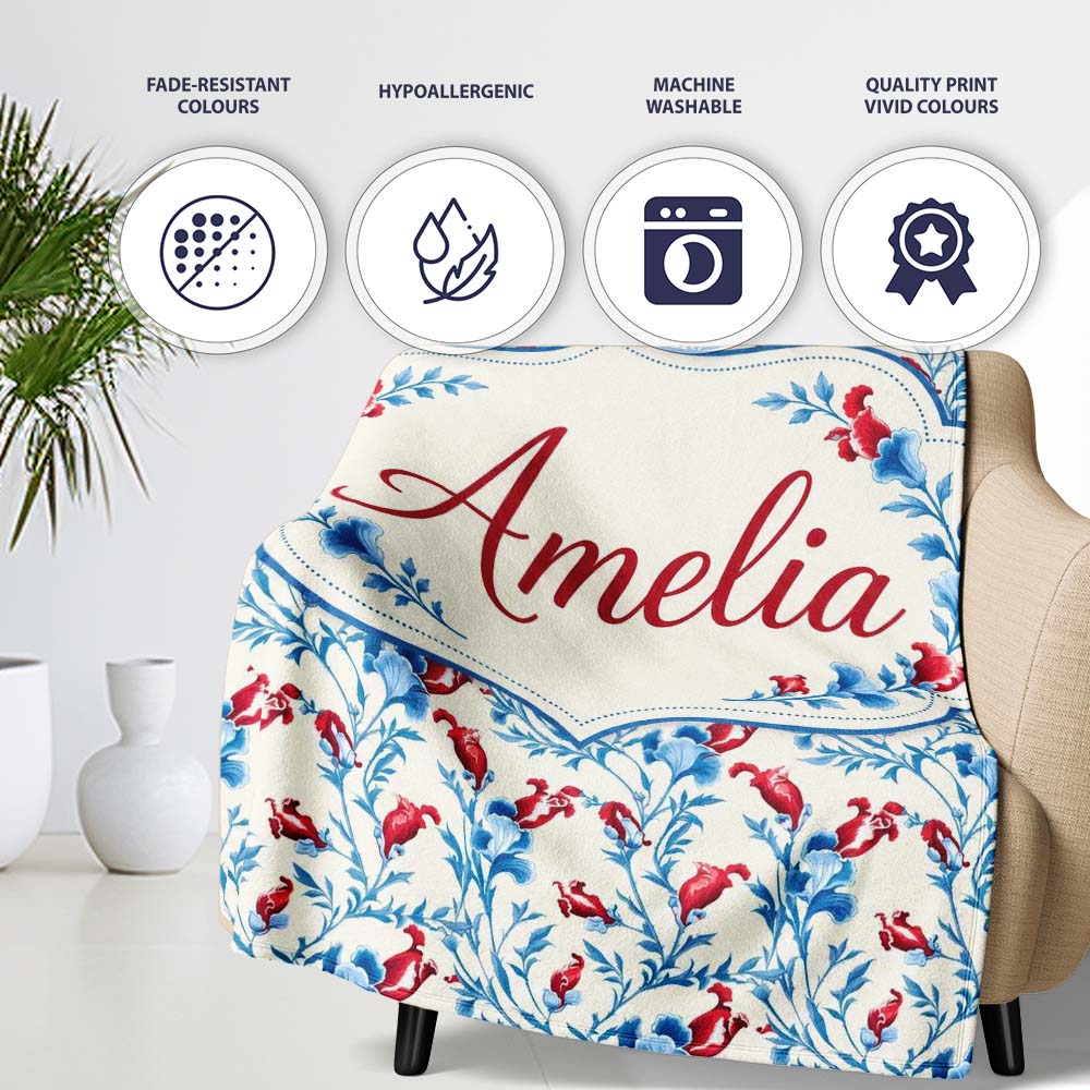 Elegant Blue Floral Vines with Red Accents Seamless Pattern Name  Personalised Custom Name Super Soft Fleece Blanket Bed Sofa Throw
