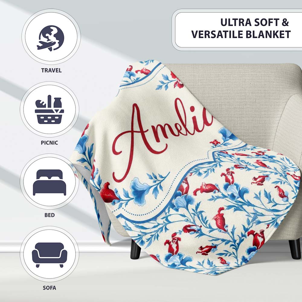 Elegant Blue Floral Vines with Red Accents Seamless Pattern Name  Personalised Custom Name Super Soft Fleece Blanket Bed Sofa Throw