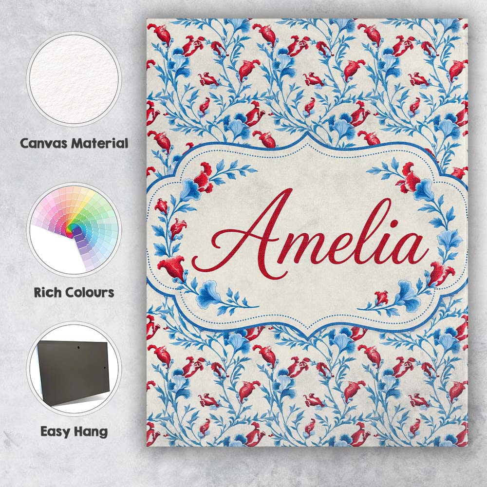 Personalised Name Elegant Blue Floral Vines Custom  Bespoke Interior Contemporary Canvas Wall Art Print Decor Picture Ready to Hang