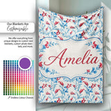 Elegant Blue Floral Vines with Red Accents Seamless Pattern Name  Personalised Custom Name Super Soft Fleece Blanket Bed Sofa Throw