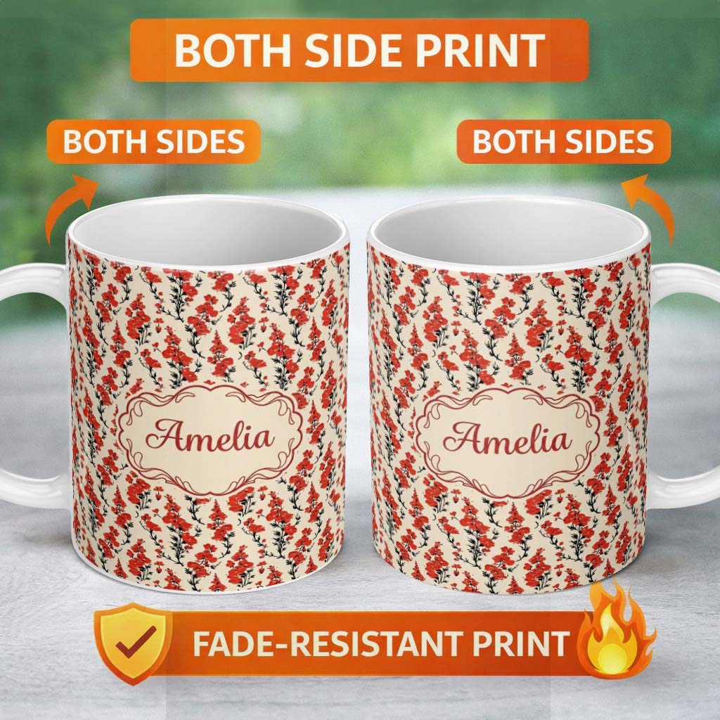 Personalized Custom Name Bold Red Floral Silhouettes on Beige Background Seamless Pattern 11oz Ceramic Coffee Tea Mug White Large Handle