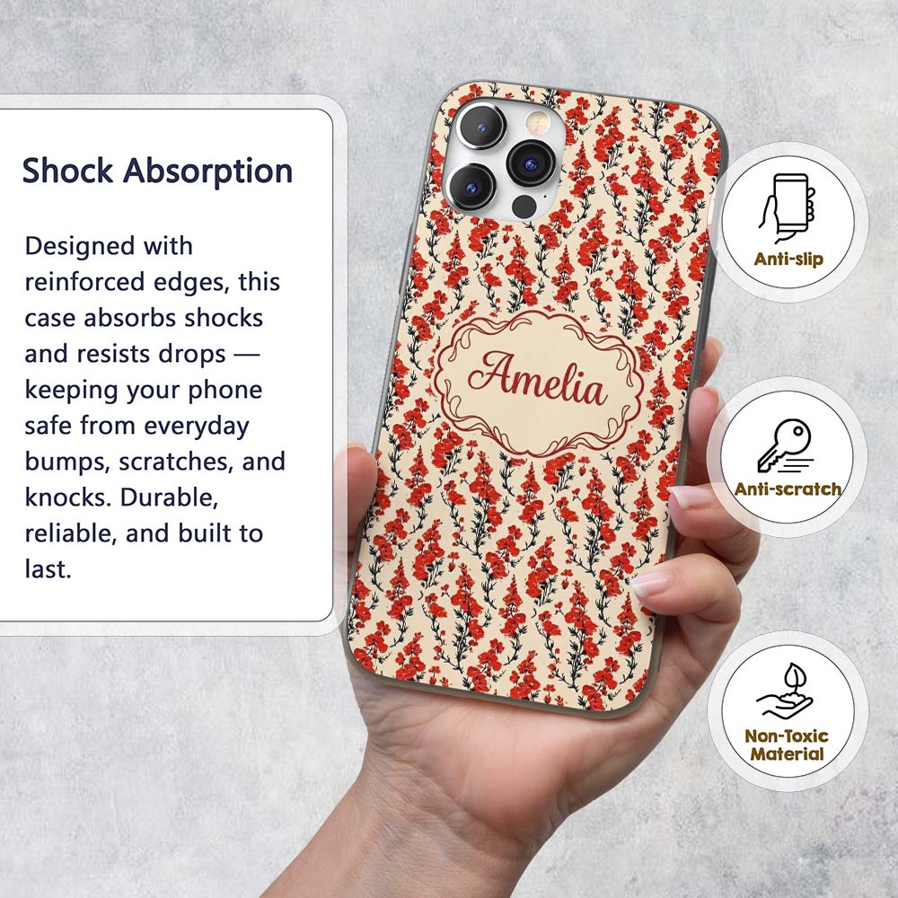 Bold Red Floral Silhouettes on Beige Background Custom Name Protective Phone Case Mobile Cover Durable Everyday Smartphone Shock Resistant