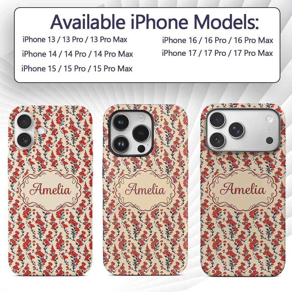 Bold Red Floral Silhouettes on Beige Background Custom Name Protective Phone Case Mobile Cover Durable Everyday Smartphone Shock Resistant