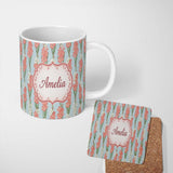 Personalized Custom Name Painterly Red and White Floral Blooms on Teal Background Seamless 11oz Ceramic Coffee Tea Mug White Large Handle