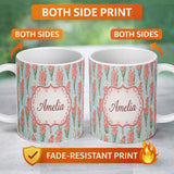 Personalized Custom Name Painterly Red and White Floral Blooms on Teal Background Seamless 11oz Ceramic Coffee Tea Mug White Large Handle