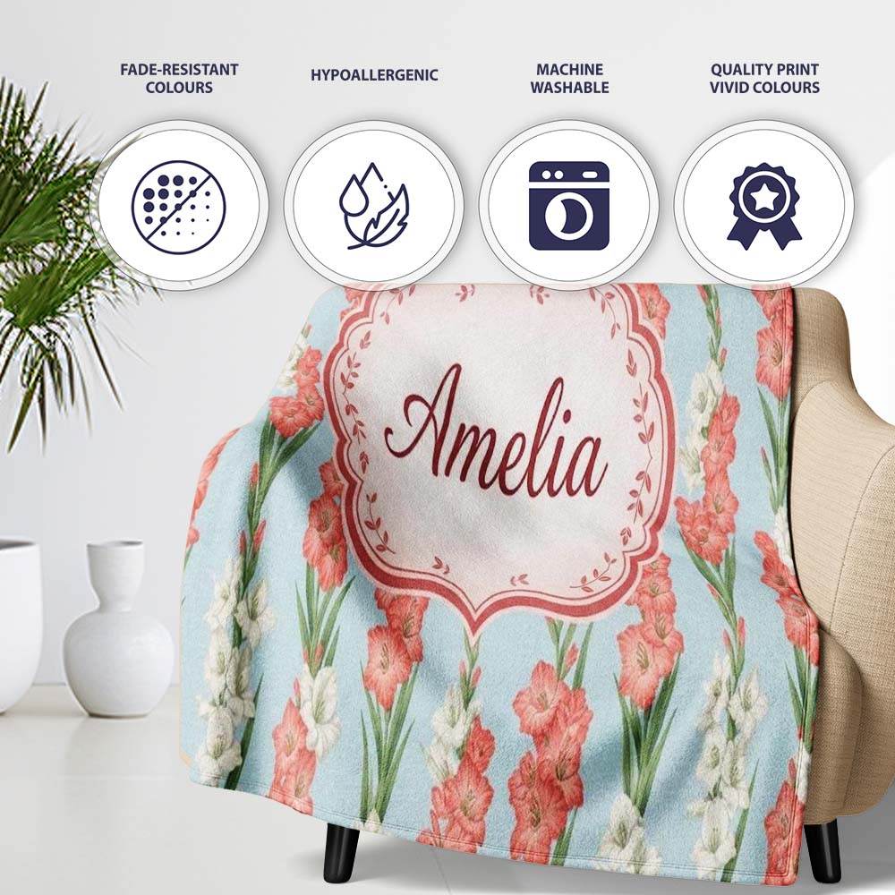 Painterly Red and White Floral Blooms on Teal Background Seamless  Personalised Custom Name Super Soft Fleece Blanket Bed Sofa Throw
