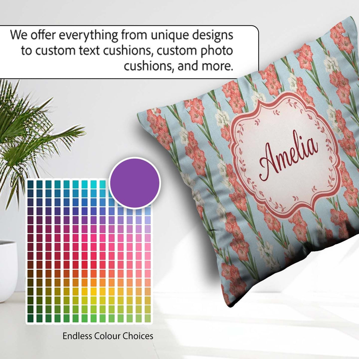 Custom Name Painterly Red White Floral Blooms on Teal Background Square Filled Cushion Throw Pillow Sofa Bed Home Decor Zip Washable UK Made