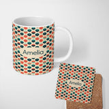 Personalized Custom Name Geometric Umbrella Pattern in Coral and Teal Seamless Name Cute 11oz Ceramic Coffee Tea Mug White Large Handle