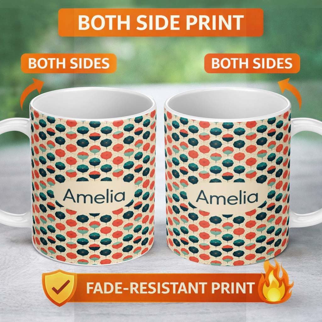 Personalized Custom Name Geometric Umbrella Pattern in Coral and Teal Seamless Name Cute 11oz Ceramic Coffee Tea Mug White Large Handle