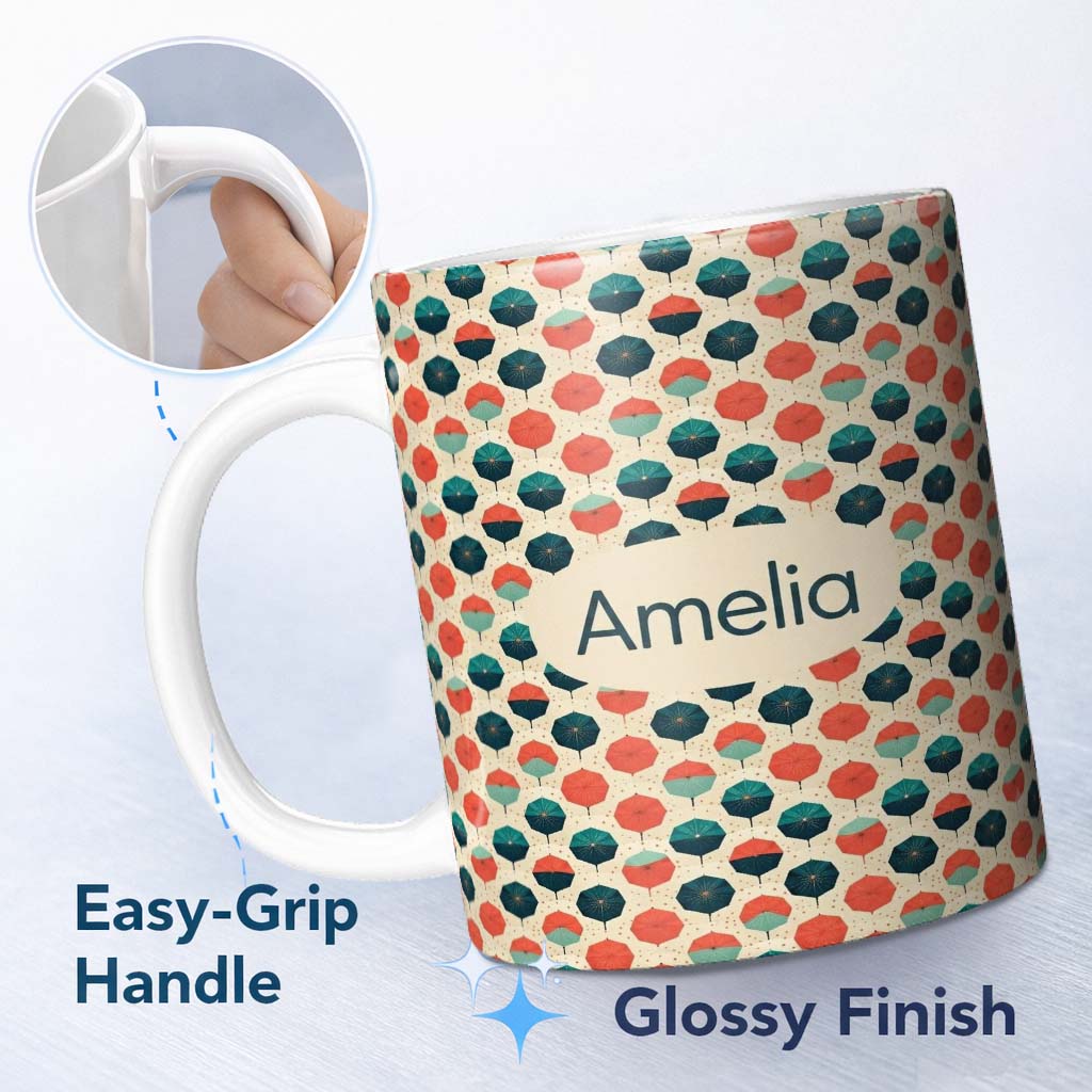 Personalized Custom Name Geometric Umbrella Pattern in Coral and Teal Seamless Name Cute 11oz Ceramic Coffee Tea Mug White Large Handle