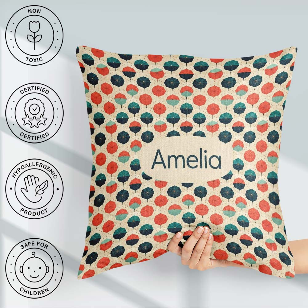 Custom Name Geometric Umbrella Pattern in and Teal Seamless Name Square Filled Cushion Throw Pillow Sofa Bed Home Decor Zip Washable UK Made