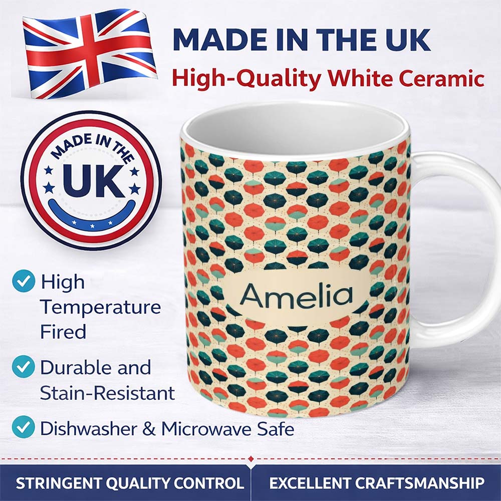 Personalized Custom Name Geometric Umbrella Pattern in Coral and Teal Seamless Name Cute 11oz Ceramic Coffee Tea Mug White Large Handle