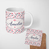 Personalized Custom Name Cute Pink and Black Umbrellas on Polka Dot Background Seamless 11oz Ceramic Coffee Tea Mug White Large Handle