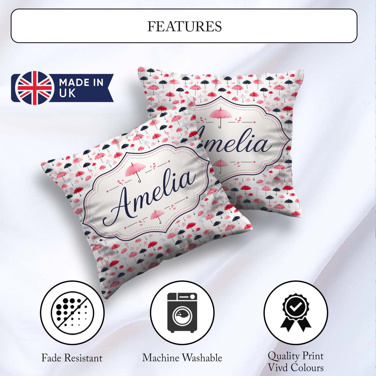 Custom Name Cute Pink and Black on Polka Dot Background Seamless Square Filled Cushion Throw Pillow Sofa Bed Home Decor Zip Washable UK Made