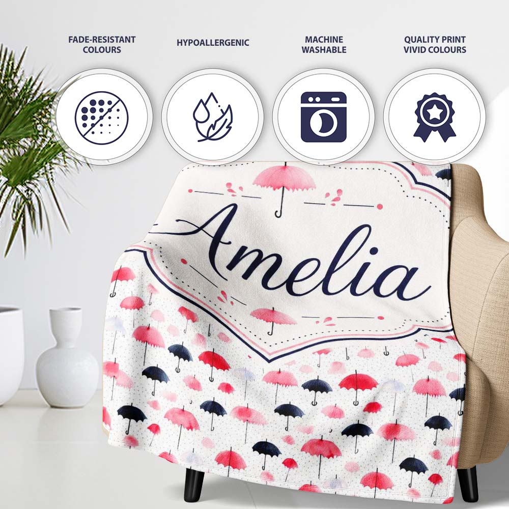 Cute Pink and Black Umbrellas on Polka Dot Background Seamless  Personalised Custom Name Super Soft Fleece Blanket Bed Sofa Throw