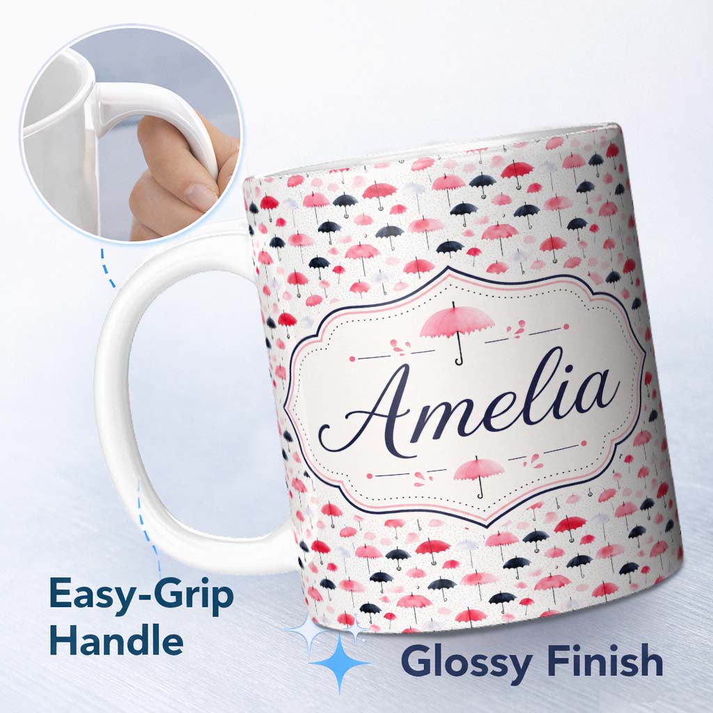 Personalized Custom Name Cute Pink and Black Umbrellas on Polka Dot Background Seamless 11oz Ceramic Coffee Tea Mug White Large Handle