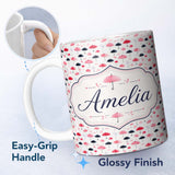 Personalized Custom Name Cute Pink and Black Umbrellas on Polka Dot Background Seamless 11oz Ceramic Coffee Tea Mug White Large Handle