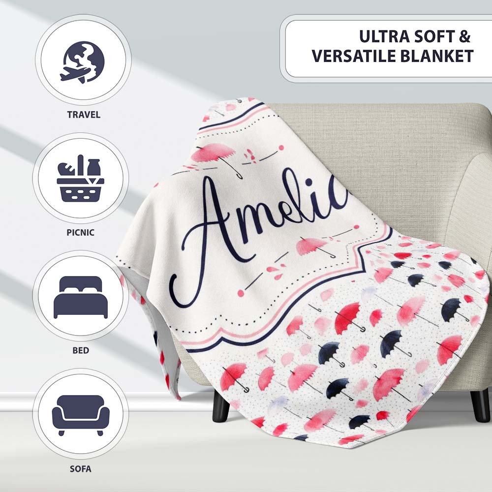 Cute Pink and Black Umbrellas on Polka Dot Background Seamless  Personalised Custom Name Super Soft Fleece Blanket Bed Sofa Throw