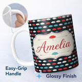 Personalized Custom Name Umbrella Rows on Dark Polka Dot Background Seamless Pattern Name 11oz Ceramic Coffee Tea Mug White Large Handle