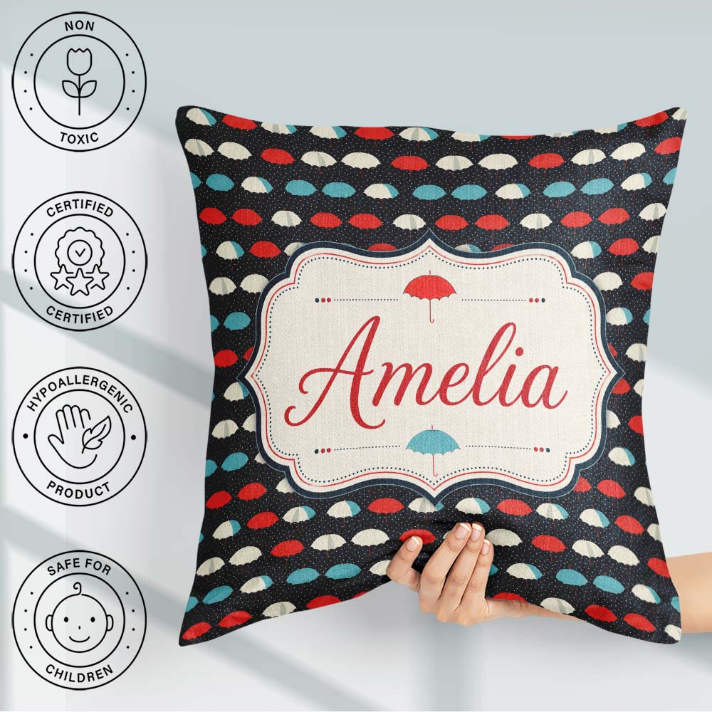 Custom Name Umbrella Rows on Dark Polka Background Seamless Name Square Filled Cushion Throw Pillow Sofa Bed Home Decor Zip Washable UK Made