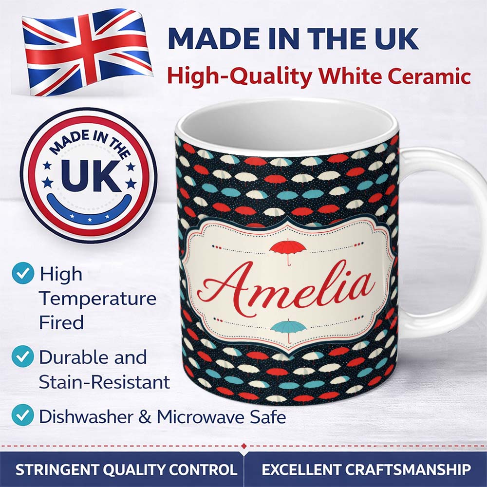 Personalized Custom Name Umbrella Rows on Dark Polka Dot Background Seamless Pattern Name 11oz Ceramic Coffee Tea Mug White Large Handle