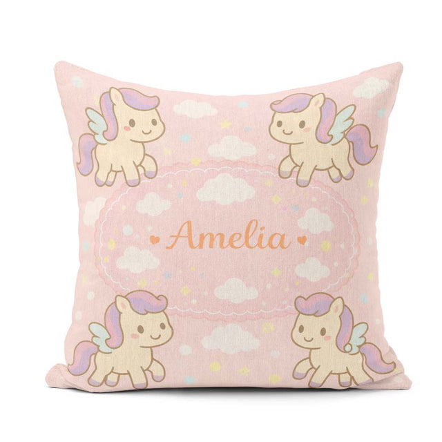 Custom Name Cute Pegasus Unicorn Cartoon Animal Pattern Decor Square Filled Cushion Throw Pillow Sofa Bed Home Decor Zip Washable UK Made