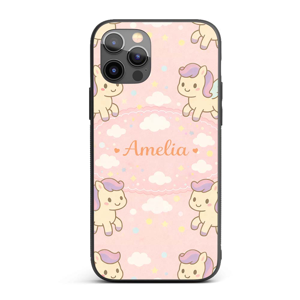 Cute Pegasus Unicorn Cartoon Decorative Design Custom Name Protective Phone Case Mobile Cover Durable Everyday Smartphone Shock Resistant
