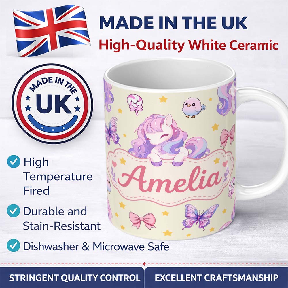 Personalized Custom Name Cute Pastel Unicorn Butterfly Candy Stars Cream Background Seamless 11oz Ceramic Coffee Tea Mug White Large Handle
