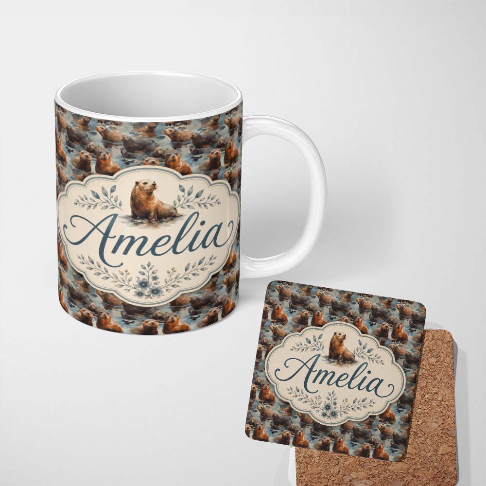 Personalized Custom Name Cute Cartoon Seal Shapes in Blue Minimal Modern Seamless Pattern 11oz Ceramic Coffee Tea Mug White Large Handle