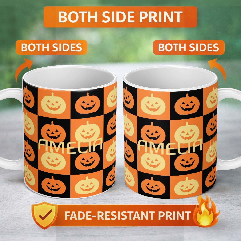 Personalized Custom Name Halloween Pumpkin Faces Orange and Black Checkerboard Seamless 11oz Ceramic Coffee Tea Mug White Large Handle