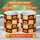 Personalized Custom Name Halloween Pumpkin Faces Orange and Black Checkerboard Seamless 11oz Ceramic Coffee Tea Mug White Large Handle