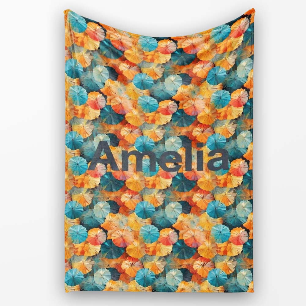 Colorful Overlapping Paper Umbrellas in Warm Orange and Teal  Personalised Custom Name Super Soft Fleece Blanket Bed Sofa Throw
