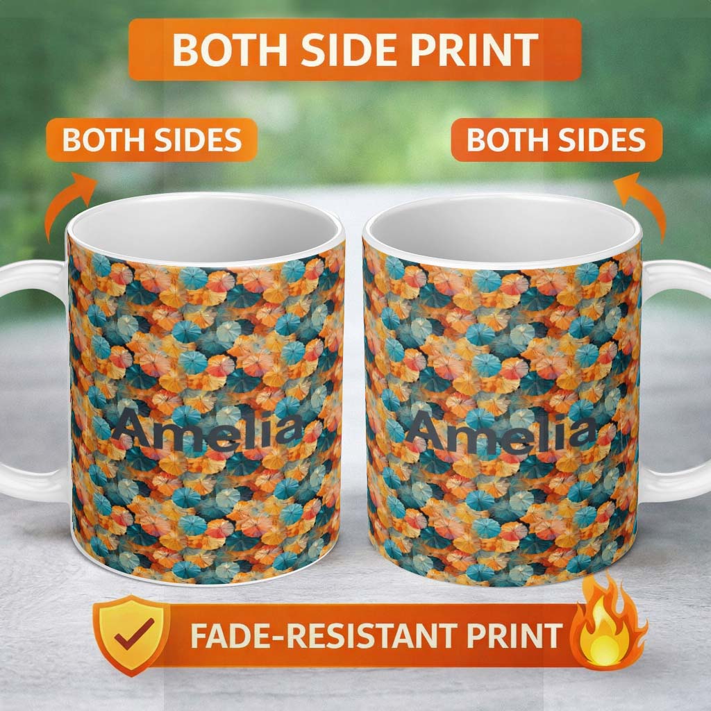 Personalized Custom Name Colorful Overlapping Paper Umbrellas in Warm Orange and Teal 11oz Ceramic Coffee Tea Mug White Large Handle