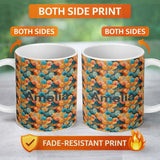 Personalized Custom Name Colorful Overlapping Paper Umbrellas in Warm Orange and Teal 11oz Ceramic Coffee Tea Mug White Large Handle