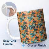 Personalized Custom Name Colorful Overlapping Paper Umbrellas in Warm Orange and Teal 11oz Ceramic Coffee Tea Mug White Large Handle