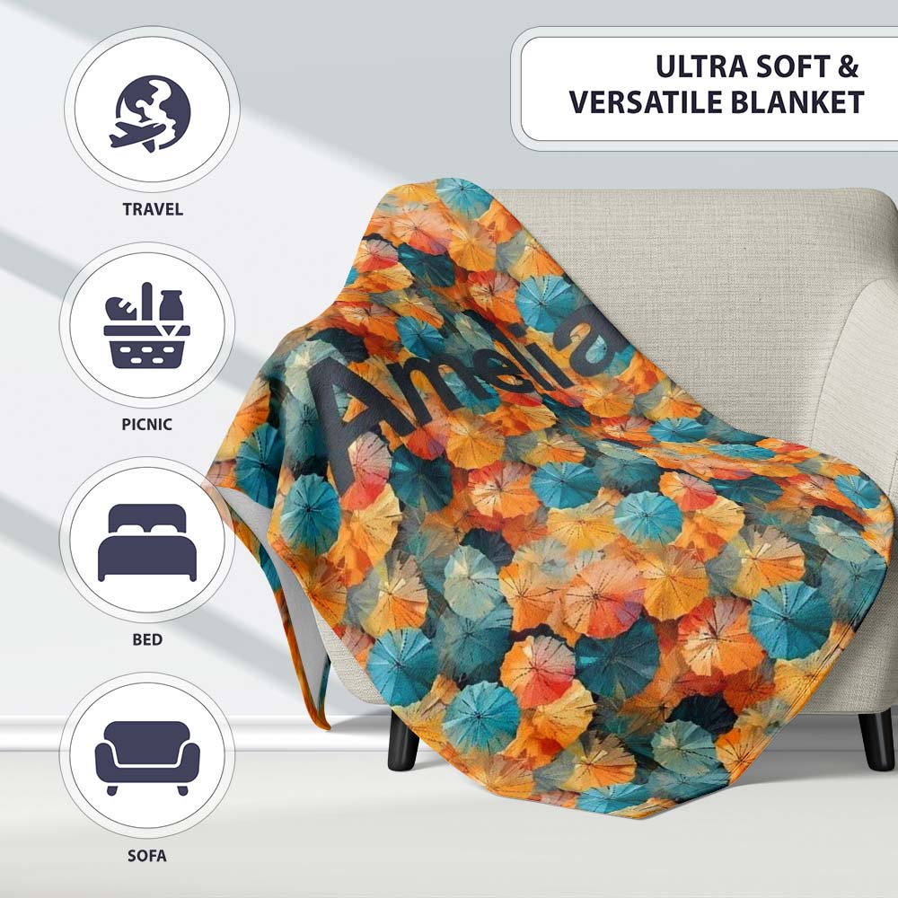 Colorful Overlapping Paper Umbrellas in Warm Orange and Teal  Personalised Custom Name Super Soft Fleece Blanket Bed Sofa Throw
