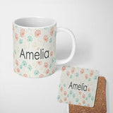 Personalized Custom Name Soft Pastel Umbrellas with Vintage Speckled Background Seamless 11oz Ceramic Coffee Tea Mug White Large Handle