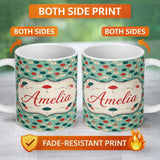 Personalized Custom Name Umbrella Pattern on Teal Background with Polka Dots Seamless Name 11oz Ceramic Coffee Tea Mug White Large Handle