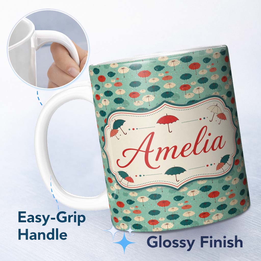 Personalized Custom Name Umbrella Pattern on Teal Background with Polka Dots Seamless Name 11oz Ceramic Coffee Tea Mug White Large Handle