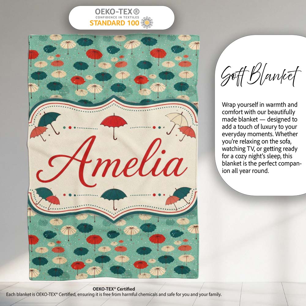 Umbrella Pattern on Teal Background with Polka Dots Seamless Name  Personalised Custom Name Super Soft Fleece Blanket Bed Sofa Throw