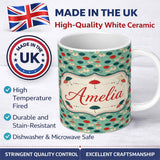 Personalized Custom Name Umbrella Pattern on Teal Background with Polka Dots Seamless Name 11oz Ceramic Coffee Tea Mug White Large Handle