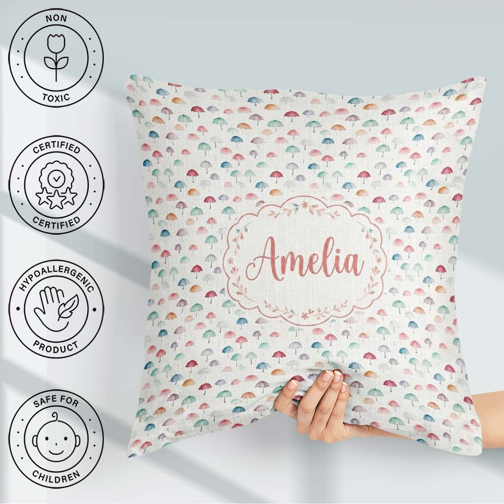 Custom Name Delicate Mini Umbrellas on Light Background Seamless Square Filled Cushion Throw Pillow Sofa Bed Home Decor Zip Washable UK Made