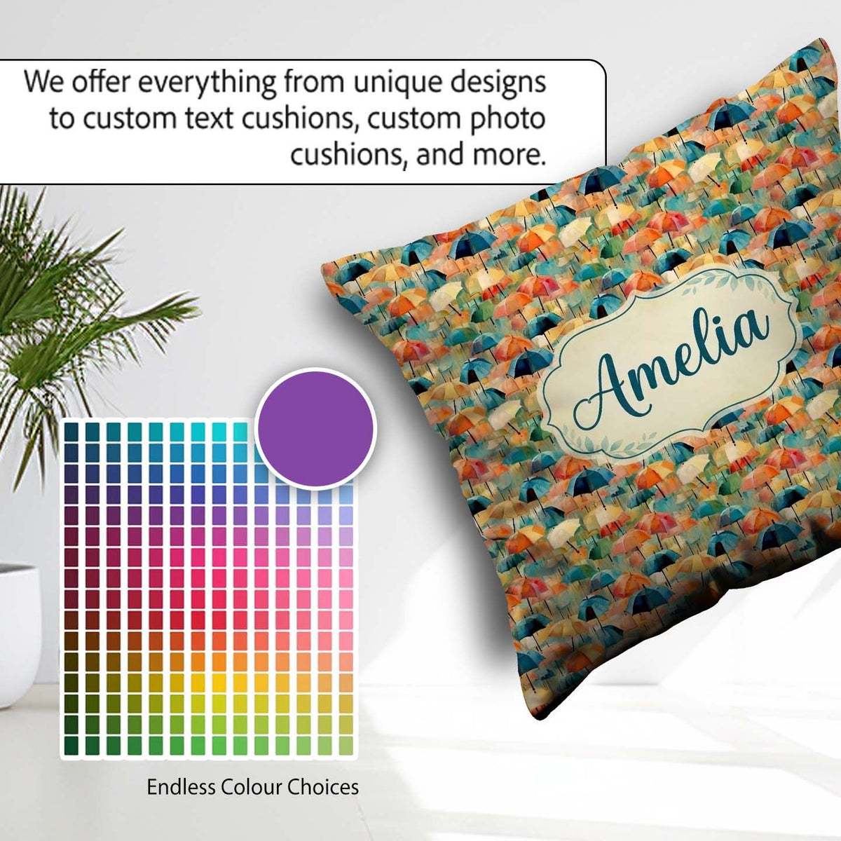 Custom Name Painterly Umbrella with Soft Blended Colors Seamless Square Filled Cushion Throw Pillow Sofa Bed Home Decor Zip Washable UK Made